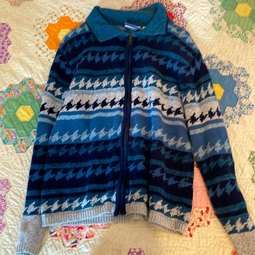 Blue and grey patterned zip up sweater